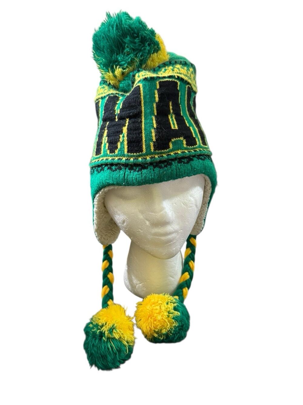 Robin Ruth Jamaica Rasta Colors Earflap Fleece Lined Trapper Hat Pom Poms